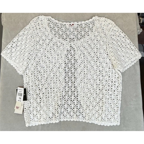 Vintage R&K Women 1X White Crochet Shrug Open Front Scalloped Bohemian Boho Chic - Picture 8 of 8